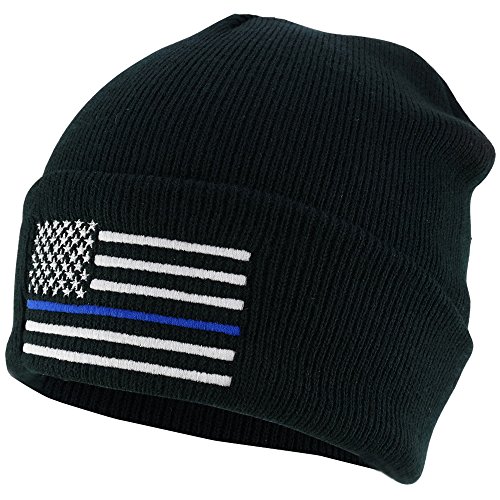 Product Cover Armycrew Thin Blue Line American Flag Embroidered Winter Watch Cap Cuff Beanie - Black