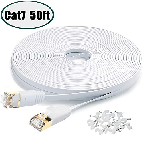 Product Cover Cat7 Flat Ethernet Cable, 50 Ft 10 Gigabit High Speed Solid Computer Network Cord with Snagless Rj45 Connectors for Xbox,PS4,Modem,Router,Networking Switch Faster Than Cat5e Cat5 Cat6 Cable,White