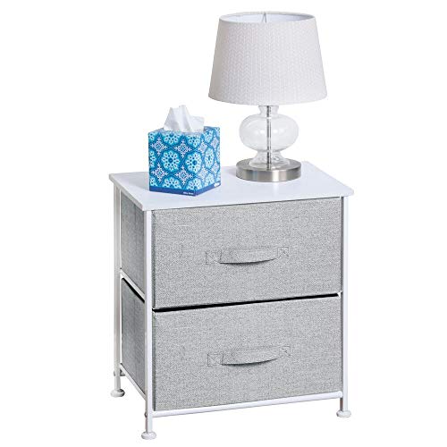 Product Cover mDesign Night Stand/End Table Storage Tower - Sturdy Steel Frame, Wood Top, Easy Pull Fabric Bins - Organizer Unit for Bedroom, Hallway, Entryway, Closets - Textured Print - 2 Drawers - Gray/White