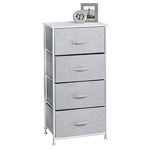 Product Cover mDesign Vertical Furniture Storage Tower - Sturdy Steel Frame, Wood Top, Easy Pull Fabric Bins - Organizer Unit for Bedroom, Hallway, Entryway, Closets - Textured Print - 4 Drawers - Gray/White