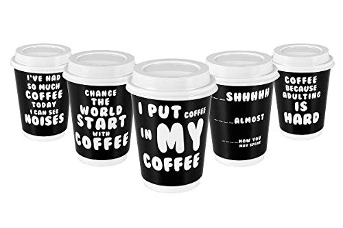 Product Cover Premium 12oz Disposable Paper Coffee Cups With Lids (50ct) - 5 Fun Quotes in Each Pack - Make Your Own Coffee or Tea With These Paper Coffee Cups - Insulated Double Wall - No Need For Sleeves