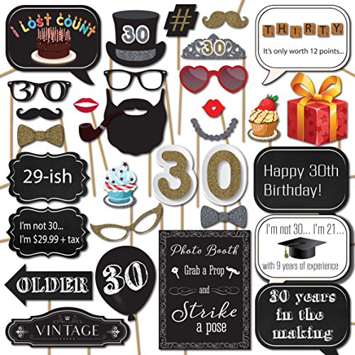 Product Cover 30th Birthday Photo Booth Props with Strike a Pose Sign - 31 Printed Pieces with Wooden Sticks