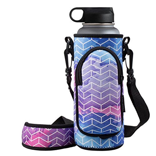 Product Cover RoryTory Neoprene Water Bottle Sleeve Carrier Holder with Shoulder Strap, Pouch, Pocket & Carrying Handle (Fits 32oz / 40oz Hydro Flask, Nalgene, Juglug, Contigo, etc) - Geometric Design