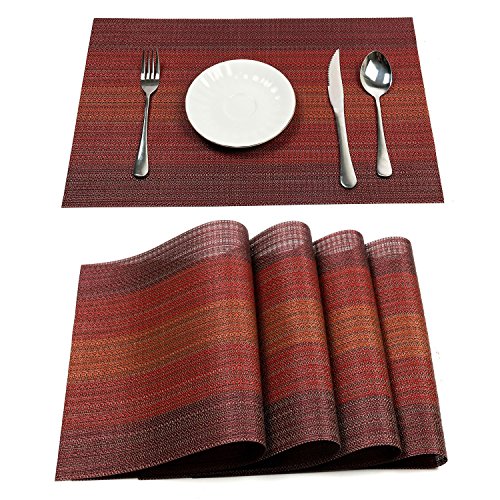 Product Cover Pauwer Placemats Set of 6 for Dining Table Washable Woven Vinyl Placemat Non-Slip Heat Resistant Kitchen Table Mats Easy to Clean (Set of 6, Red)