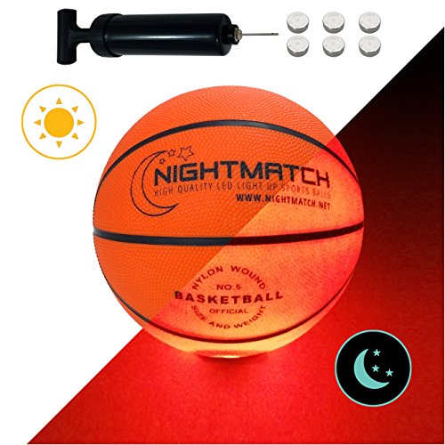 Product Cover NIGHTMATCH Light Up Basketball - Junior Edition - INCL Ball Pump and Spare Batteries - Inside LED Lights up When Kicked - Glow in The Dark Basketball- Size 5 - Official Size & Weight