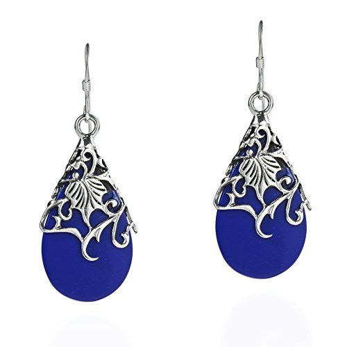 Product Cover Floral Vine Ornate Teardrop Simulated Blue Lapis-Lazuli .925 Sterling Silver Dangle Earrings