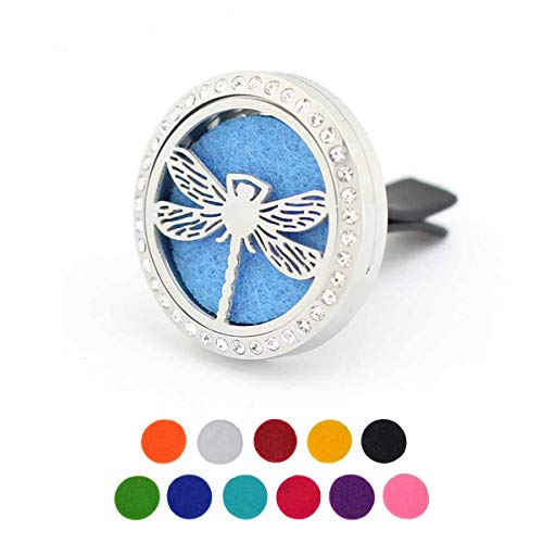 Product Cover Car Aromatherapy Essential Oil Diffuser Air Freshener Vent Clip, Dragonfly Stainless Steel 30mm Rhinestones Locket, 11 Refill Pads