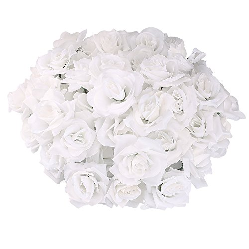 Product Cover Topixdeals Silk Cream Pink Roses Flower Head, Artificial Flowers Heads for Wedding Flowers Accessories Make Bridal Hair Clips Headbands Dress (50 White)