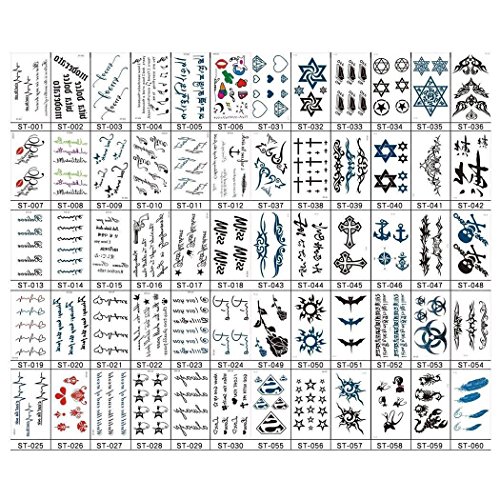 Product Cover 60 Sheets Temporary Tattoo Stickers Various Designs Removable Waterproof Temporary Tattoos Body Art Sticker Sheet Paper ( Wings, Letters, Stars, Queen, Cats, Totem, Cardiogram hot Etc. )