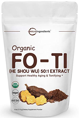 Product Cover Maximum Strength Organic Fo Ti 50:1 Extract Powder (He Shou Wu), 4 Ounce, Traditional Anti Aging Herb, Powerfully Promotes Hair Health and Antioxidant, No GMOs and Vegan Friendly