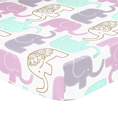 Product Cover Purple, Grey, Green, Metallic Gold Elephant Print Fitted Crib Sheet - 100% Cotton Baby Girl Jungle Animal Theme Nursery and Toddler Bedding