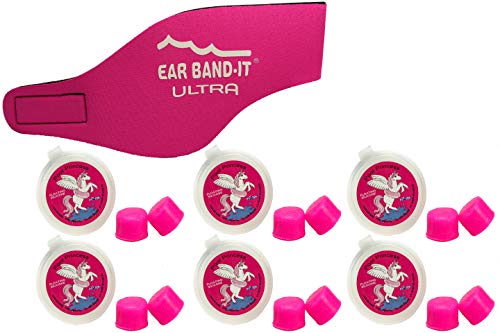Product Cover Ear Band-It Ultra Swimming Headband with Putty Buddies earplugs - 6 Pair Soft Silicone Premium Ear Plugs - The Best Swim Headband and Earplugs - Doctor Recommended (Hot Pink, Medium)