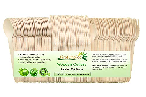Product Cover Disposable Wooden Cutlery Sets - 300 Piece Total: 100 Forks, 100 Spoons, 100 Knives, 6 Inch Length Eco Friendly Biodegradable Compostable Wooden Utensils Wooden Cutlery