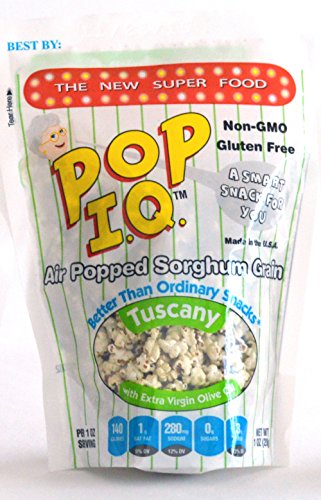 Product Cover Pop I.Q. - The Best Healthy Snack - Organic Air Popped Sorghum Grain, Tuscany Flavor w/Extra Virgin Olive Oil - non-GMO, Vegan, Gluten-Free (Pack of 12 Single Servings)