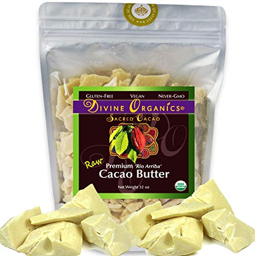 Product Cover Divine Organics Raw Cacao Butter / Cocoa Butter - Certified Organic - Food Grade - Edible - Fragrant, Natural Skin Moisturizer (32 oz)