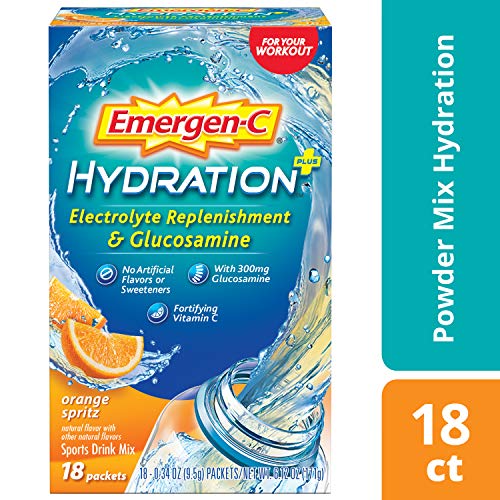 Product Cover Emergen-C Hydration+ Sports Drink Mix with Vitamin C (18 Count, Orange Spritz Flavor with Glucosamine), Electrolyte Replenishment, 0.34 Ounce Powder Packets