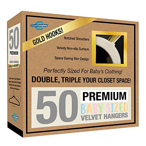 Product Cover Closet Complete Baby Velvet Hangers, Premium Quality, True-Heavyweight, Virtually-UNBREAKABLE, Ultra-Thin, Space Saving No-Slip, Perfect Size for Babies 0-48 months 360° SPIN, Gold Hooks, Ivory, 50 pc