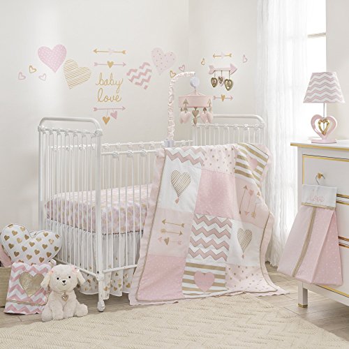 Product Cover Lambs & Ivy Baby Love Pink/Gold Girl Heart 4 Piece Crib Bedding Set
