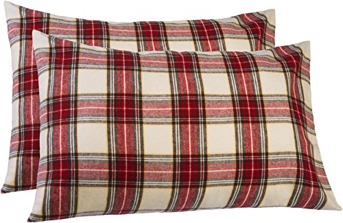 Product Cover Pinzon 160 Gram Plaid Flannel Cotton Pillowcases, Set of 2, Standard, Cream / Red Plaid