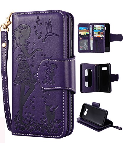 Product Cover FLYEE Samsung S8 Case,Galaxy S8 Wallet Case, 9 Card Slot PU Leather Magnetic Protective Cover with Mirror and Wrist Strap for Samsung Galaxy S8 Purple