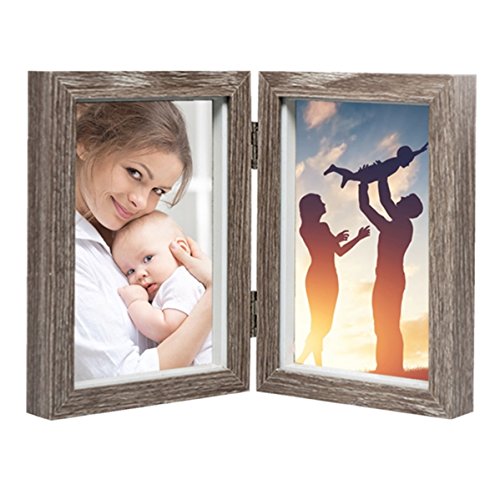 Product Cover CECIINION Wood Photo Frame Shadow Box 4x6 Hinged Double Picture Frames,Glass Front,Fit for Stands Vertically on Desk Table Top (Grey Color)