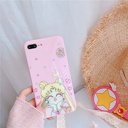 Product Cover Hard Tempered Glass Pink Sailor Moon Case for iPhone 7Plus 7+ 8Plus 8+ Large Size Jpanese Cartoon Bump Resistant Shockproof Protective Lovely Kids Girls Teens Women