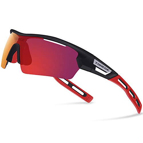 Product Cover TOREGE Polarized Sports Sunglasses for Men Women Cycling Running Driving TR033(Black&Red Tips&Red Lens)