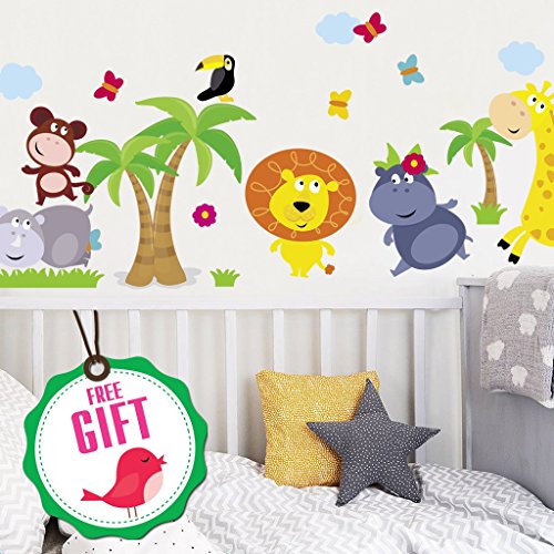 Product Cover Animal Safari Jungle Vinyl Wall Decal for Kids Bedroom playroom - Decorative Art Stickers for Baby Girl Boy Wall Decor - Nursery Wall Stickers [24 Art clings] - Wall Decals for Boy - with Gift!