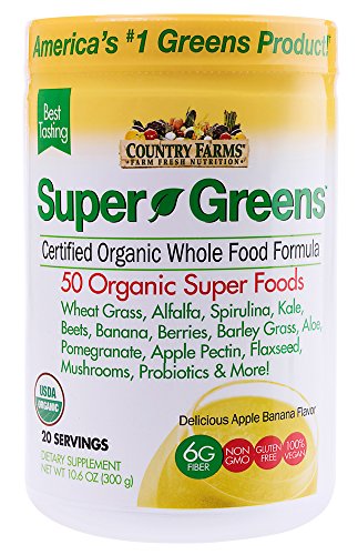 Product Cover Country Farms Super Greens Banana Flavor, 50 Organic Super Foods, USDA Organic Drink Mix, 20 Servings