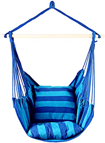 Product Cover EverKing Hanging Rope Hammock Chair Porch Swing Seat, Large Hammock Net Chair Swing, Cotton Rope Porch Chair for Indoor, Outdoor, Garden, Patio, Porch, Yard - 2 Seat Cushions Included (Blue Stripe)