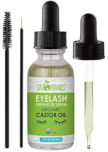 Product Cover Organic Castor Oil Eyelash Serum By Sky Organics Cold-Pressed, 100% Pure Castor Oil - Dry Skin, Hair Growth, Eyelashes & Eyebrows growth- Caster Oil Lash Enhancer with Mascara Brushes 1 oz (Pack of 1)