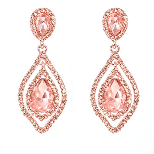 Product Cover NLCAC Rose Gold Teardrop Crystal Earrings Dangle Long Rhinestone Chandelier Earring Wedding Jewelry for Bride
