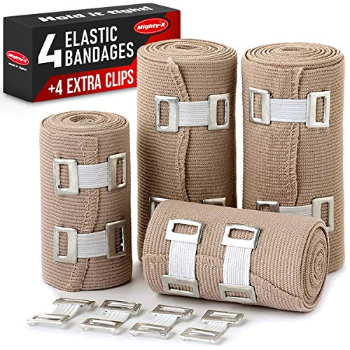 Product Cover Premium Elastic Bandage Wrap - 4 Pack + 4 Extra Clips - Durable Compression Bandage (2X - 3 inch, 2X - 4 inch Rolls) Stretches up to 15ft in Length