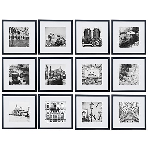 Product Cover Gallery Perfect 12 Piece Black Square Photo Frame Gallery Wall Kit with Decorative Art Prints & Hanging Template, Set