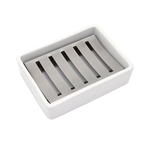 Product Cover Lofekea Ceramic Soap Dish Stainless Steel Soap Holder for Bathroom and Shower Double Layer Draining Soap Box