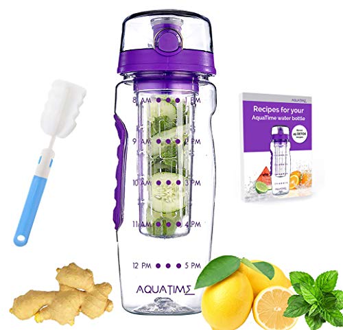 Product Cover AquaTime Time Marked Fruit Infuser Water Bottle Large 32 oz - Free Brush for Easy Clean - Convenient to Carry - Leak Proof - FDA Approval BPA Free & Eco - Friendly Tritan copolyester Plastic - Purple