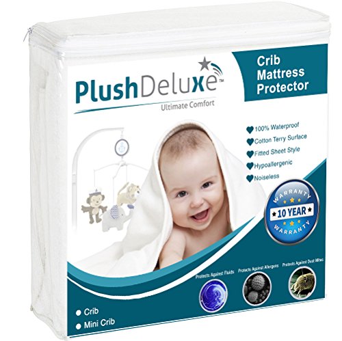Product Cover Mini Crib Size Premium 100% Waterproof Mattress Protector Hypoallergenic, Vinyl Free, Breathable Soft Cotton Terry Surface - 10 Year Warranty from PlushDeluxe