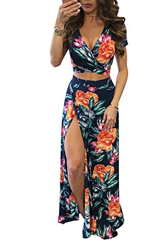 Product Cover Aro Lora Women's Sexy V Neck Floral Printed Side Slit Two-Piece Maxi Dress
