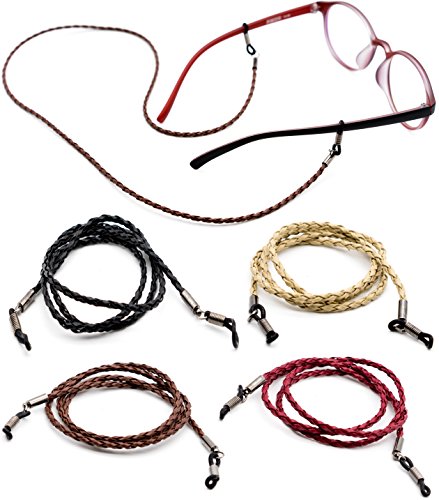 Product Cover Eyeglasses Holder Strap - Premium Leather [Pack of 4 + Bonuses] - Glasses Holder Lanyard Chain Cord Necklace - Eyewear Retainer for Men Women Boys Girls - Never Lose Glasses Again
