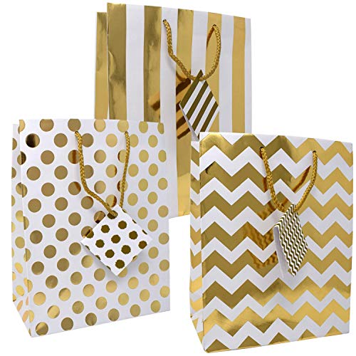 Product Cover 12 Gift Boutique Medium Metallic Gold Gift Bags; Polka Dots, Stripes and Chevron Exquisite Designs; Birthday, Graduation, Baby Shower, Wedding Gift Bags