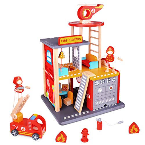 Product Cover USA Toyz Wooden Fire Station Playset - 16pc Wood Fireman Toys w/ Toy Fire Truck and Rescue Helicopter