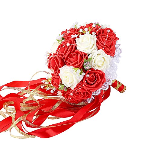Product Cover Febou Wedding Bridal Bouquet, Wedding Bride Bouquet, Wedding Holding Bouquet with Artificial Roses Lace Pearl Ribbon, Perfect for Wedding, Church(Long Ribbon, White+Red)