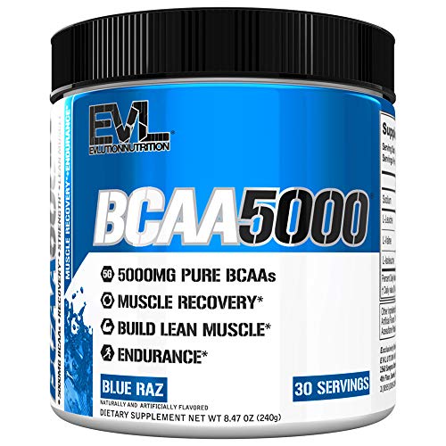 Product Cover Evlution Nutrition BCAA5000 Powder 5 Grams of Branched Chain Amino Acids (BCAAs) Essential for Performance, Recovery, Endurance, Muscle Building, Keto Friendly, No Sugar (30 Servings, Blue Raz)