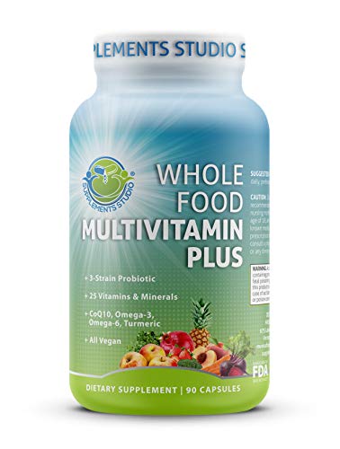 Product Cover Whole Food Multivitamin Plus - Vegan - Daily Multivitamin for Men and Women with Organic Fruits and Vegetables, B-Complex, Probiotics, Enzymes, CoQ10, Omegas, Turmeric, All Natural, 90 Capsules