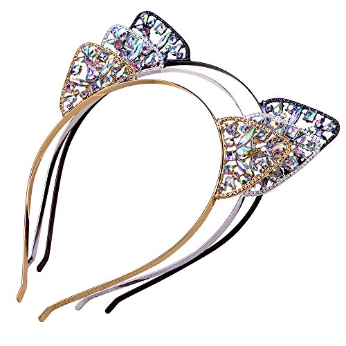 Product Cover AWAYTR 3PC - Crystal Cat Ears Hair Hoop Headband for Women Girls Cats Ears Hairband Headwear Hair Accessories Christmas Gift (Floral)