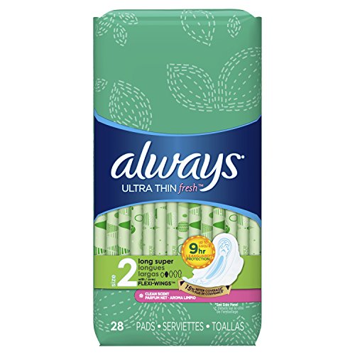 Product Cover Always Ultra Thin Feminine Pads for Women, Size 2, Long, Super Absorbency, with Wings, Fresh Scented, 28 Count - Pack of 6 (168 Count Total)