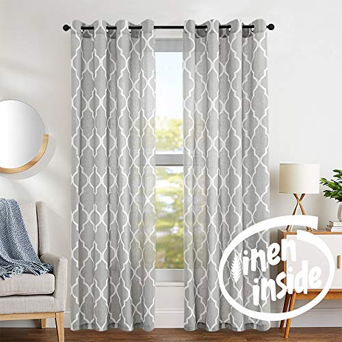 Product Cover jinchan Moroccan Tile Printed Linen Curtains 95 inch Long for Bedroom Curtain Living Room Window Drapes Lattice Grommet Top Set of Two Quatrefoil Grey Curtain Panels