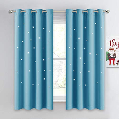 Product Cover NICETOWN Twinkle Star Curtains for Baby - Kid Sky Wonder Star Cut Out Functional Room Darkening Curtains for Baby's Nursery, 52 by 63 inches, Teal Blue, 2 Pieces