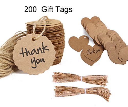 Product Cover Oruuum 200PCS Kraft Paper Gift Tags Bonbonniere Favor Thank You Gift Tags with Free 200 Feet Natural Jute Twine Brown (Heart Shape Paper Tag and Scalloped Shape Paper Tag )