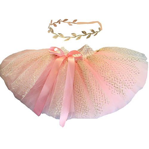 Product Cover BBVESTIDO Baby Girls Pink Tutu Skirt With Gold Tulle and Headdress For 1st Party (New PG)